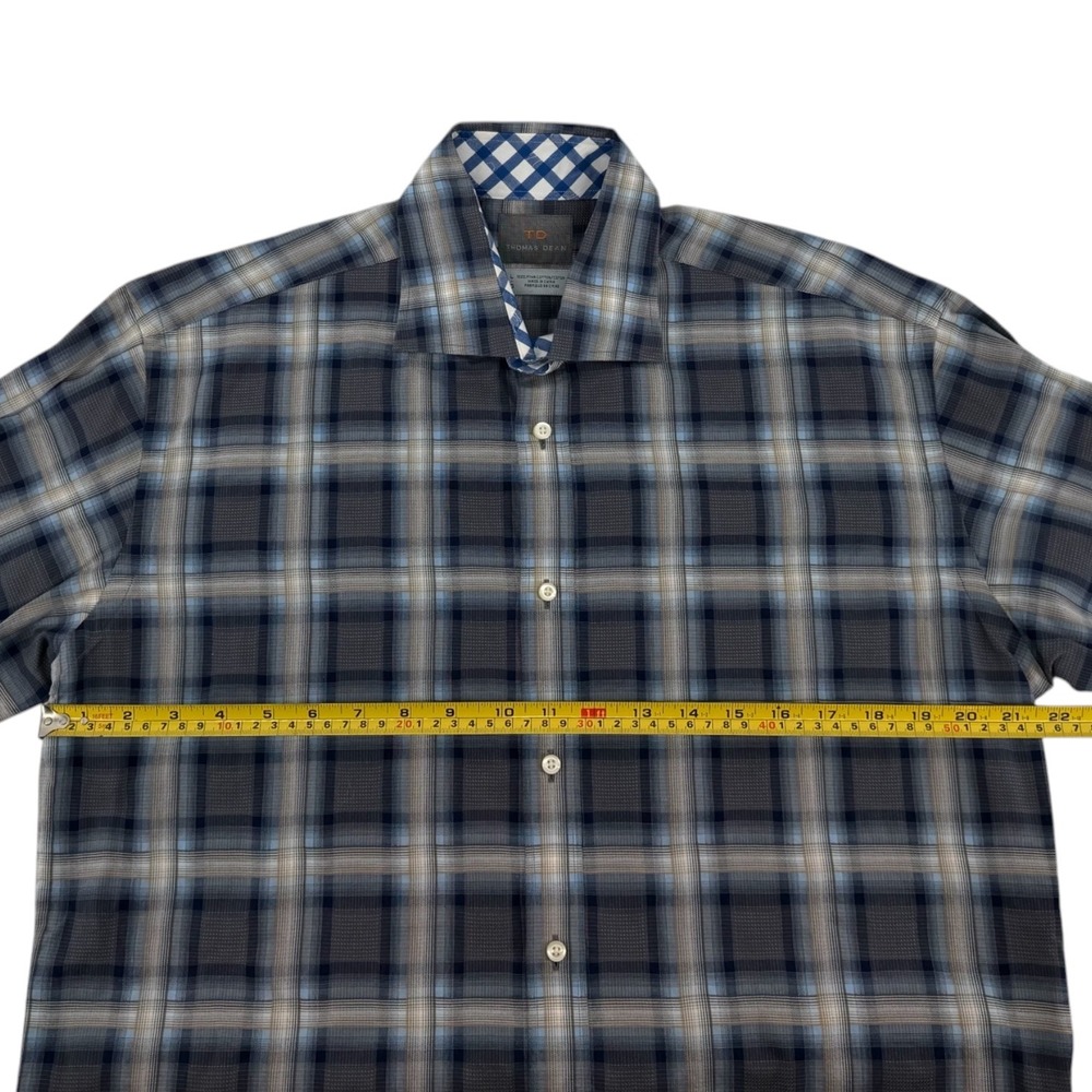 Thomas Dean Mens L Pima Cotton Plaid Button Down Shirt Grey Blue Gingham Trim - Picture 5 of 7